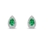 9ct White Gold Pear Shaped Natural Emerald & Diamond Halo Stud Earrings — 6x4mm