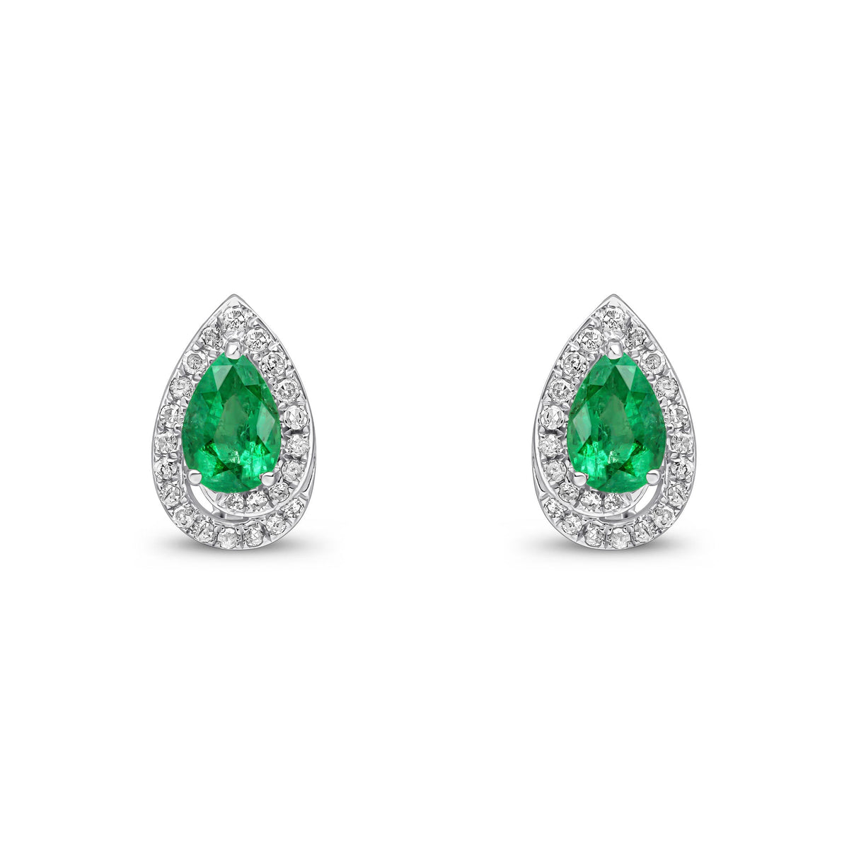 9ct White Gold Pear Shaped Natural Emerald & Diamond Halo Stud Earrings — 6x4mm