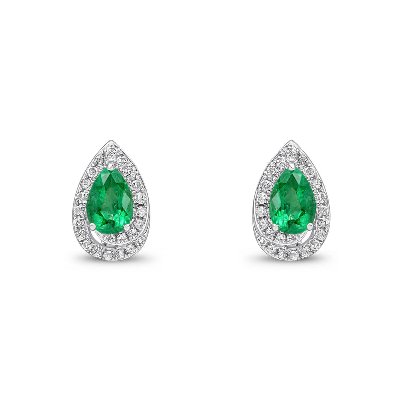 9ct White Gold Pear Shaped Natural Emerald & Diamond Halo Stud Earrings — 6x4mm