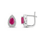 9ct White Gold Pear Shaped Natural Ruby & Diamond Halo Stud Earrings — 6x4mm