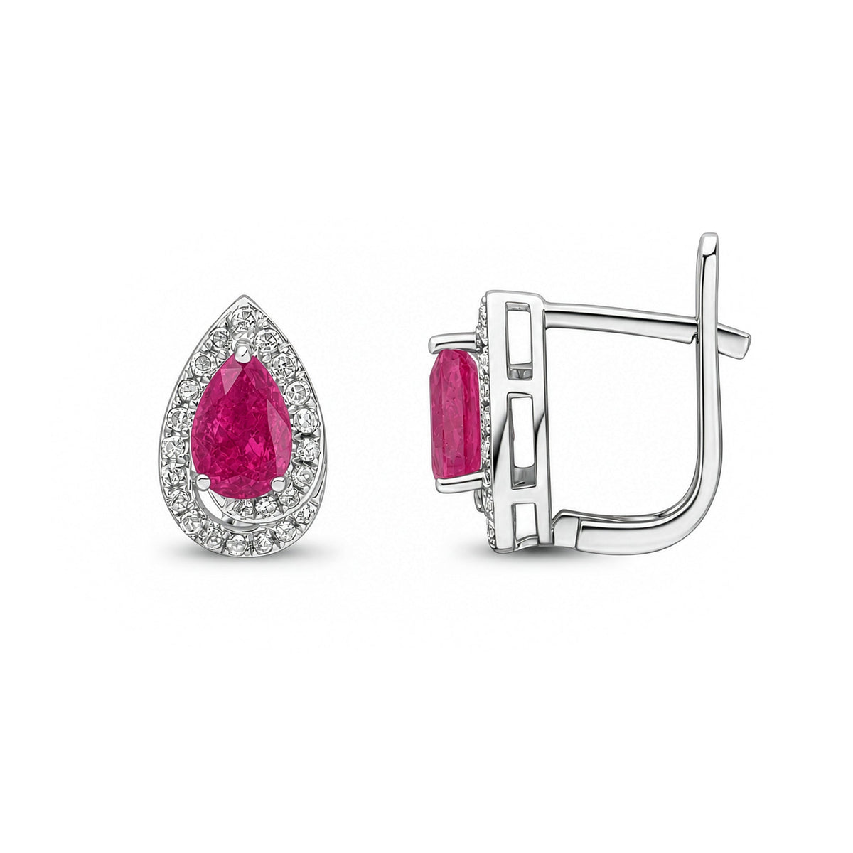 9ct White Gold Pear Shaped Natural Ruby & Diamond Halo Stud Earrings — 6x4mm