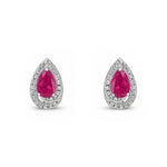 9ct White Gold Pear Shaped Natural Ruby & Diamond Halo Stud Earrings — 6x4mm