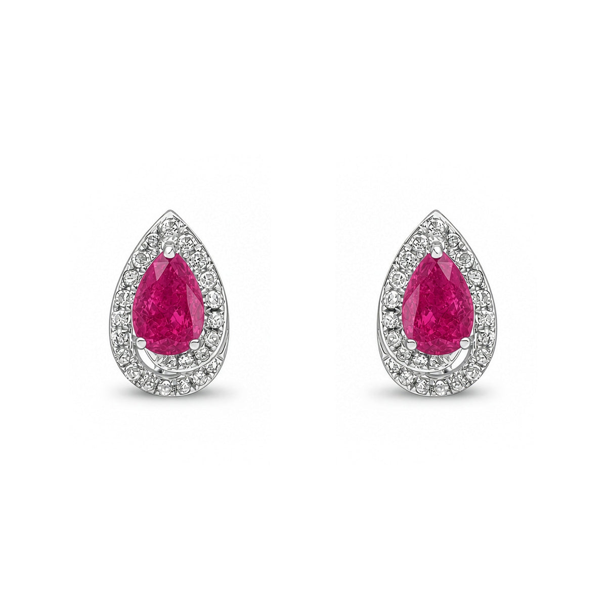 9ct White Gold Pear Shaped Natural Ruby & Diamond Halo Stud Earrings — 6x4mm