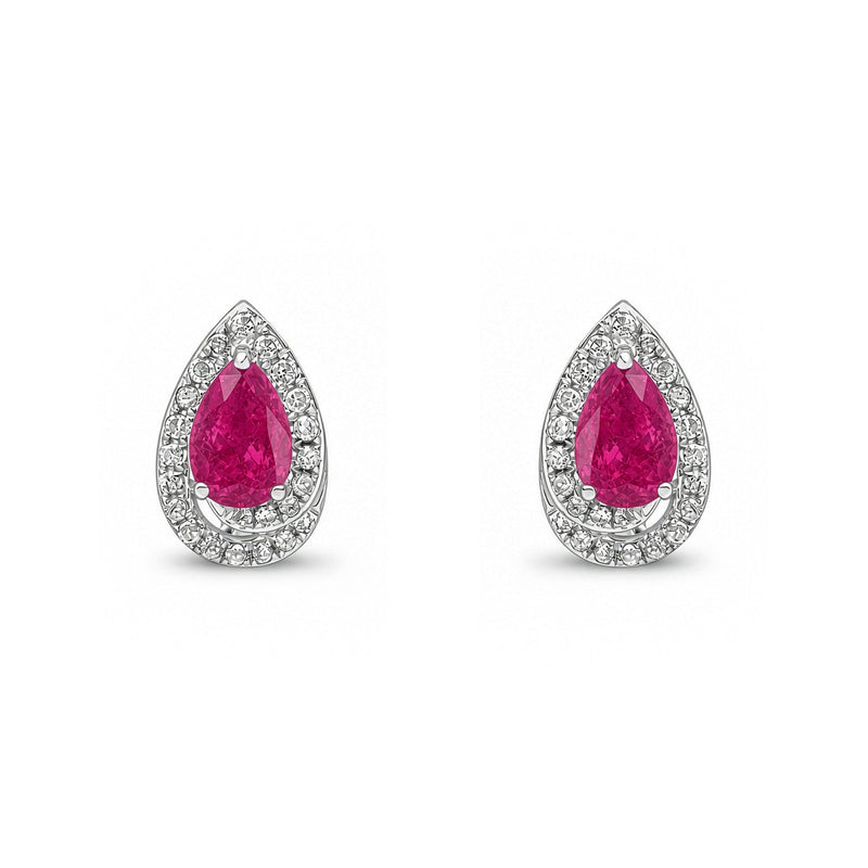 9ct White Gold Pear Shaped Natural Ruby & Diamond Halo Stud Earrings — 6x4mm