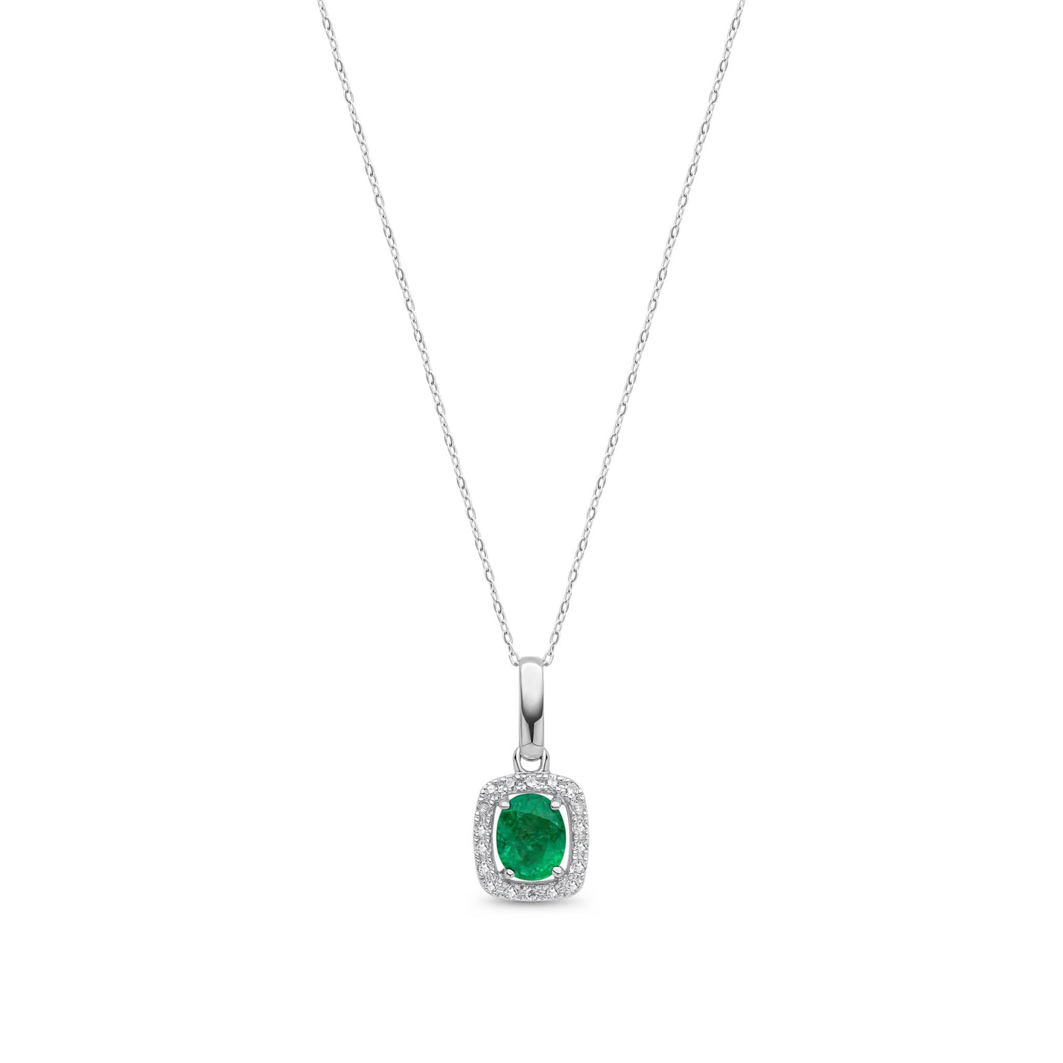 9ct White Gold Oval Natural Emerald and Round Diamond Cushion Cluster Pendant