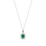 9ct White Gold Oval Natural Emerald & Diamond Cushion Cluster Pendant — 5x4mm
