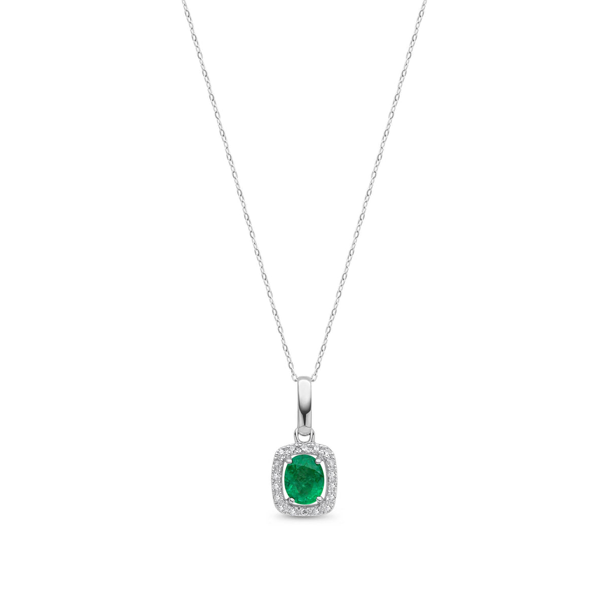 9ct White Gold Oval Natural Emerald & Diamond Cushion Cluster Pendant — 5x4mm