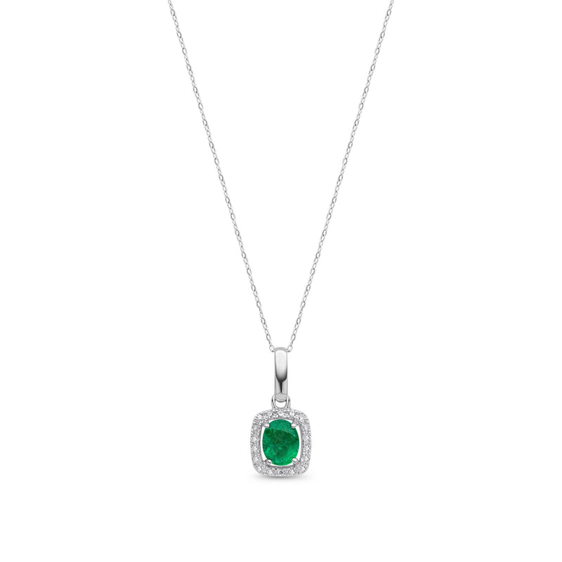 9ct White Gold Oval Natural Emerald & Diamond Cushion Cluster Pendant — 5x4mm