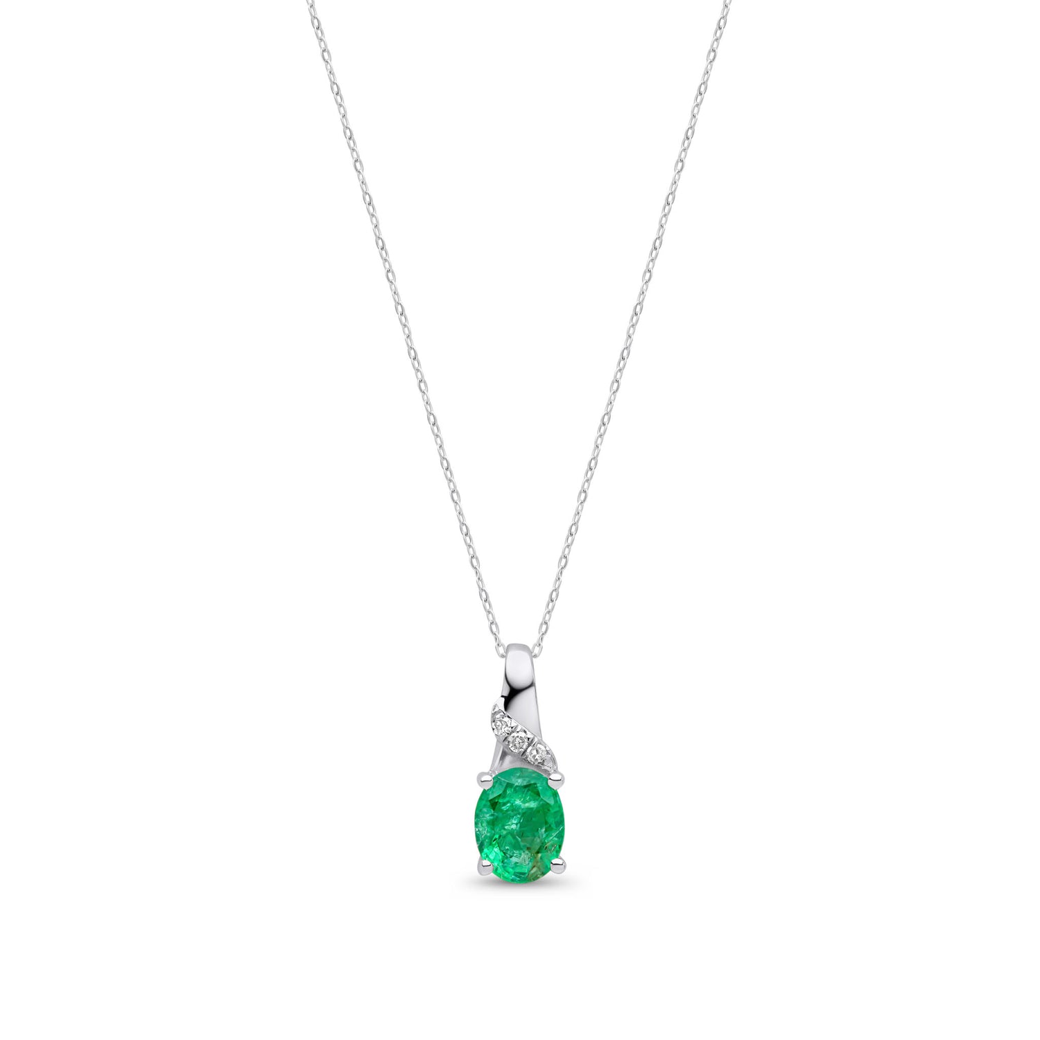 9ct White Gold Oval Natural Emerald and Round Diamond Drop Pendant