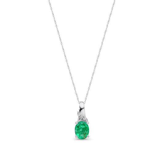 9ct White Gold Oval Natural Emerald and Round Diamond Drop Pendant Necklace with Chain