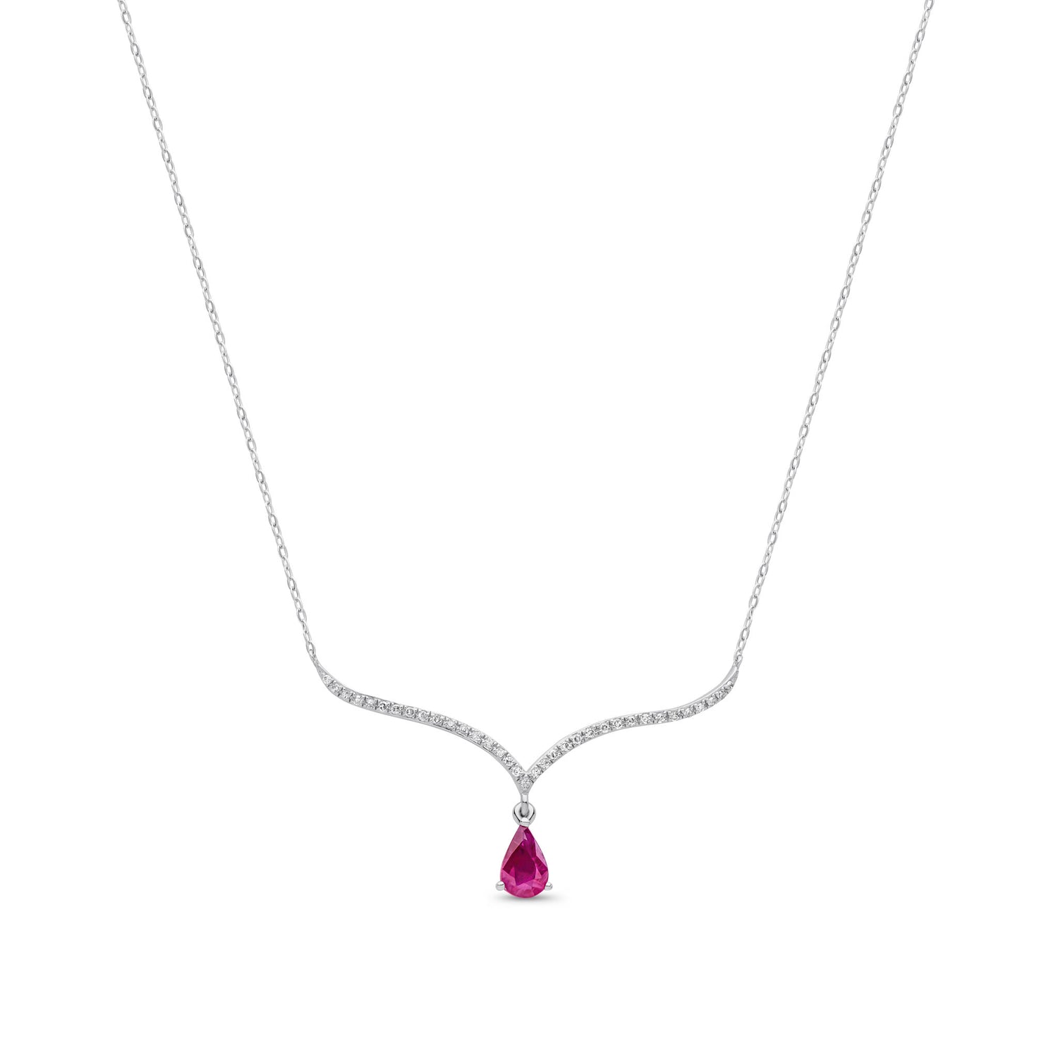 9ct White Gold Pear Shaped Natural Ruby and Round Diamond Wishbone Necklace