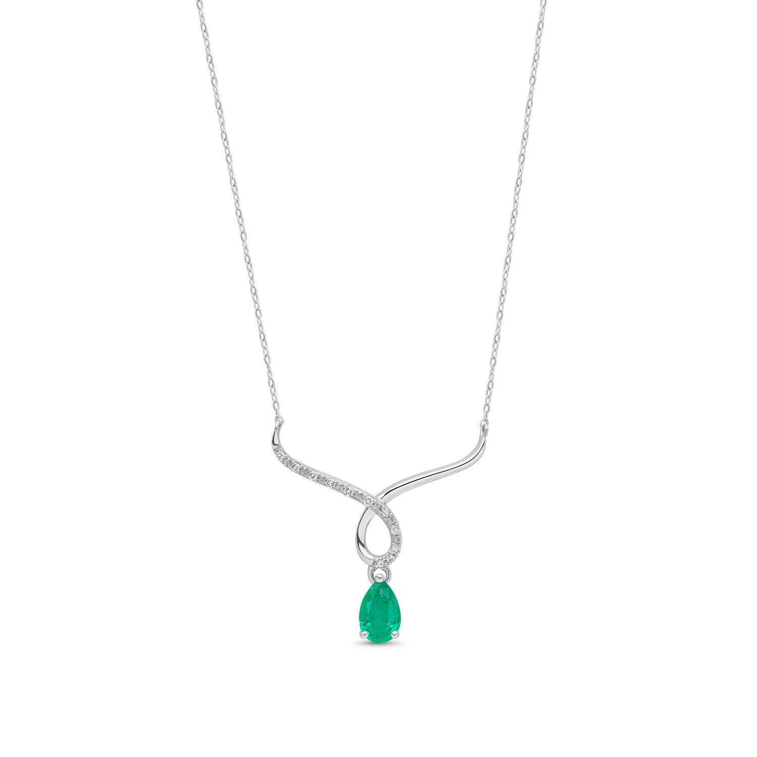 9ct White Gold Pear Shaped Natural Emerald and Round Diamond Wishbone Necklace