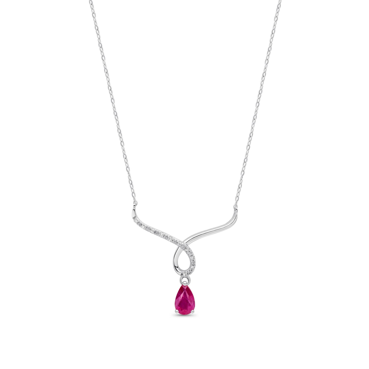 9ct White Gold Pear Shaped Natural Ruby and Round Diamond Wishbone Necklace