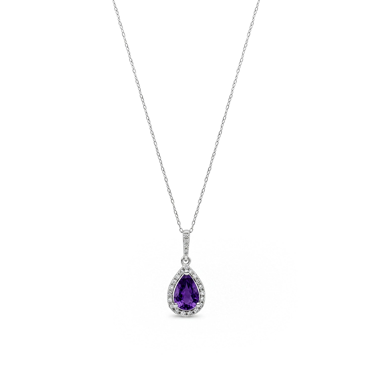 9ct White Gold Pear Shaped Natural Amethyst and Round Diamond Halo Pendant Necklace with Chain