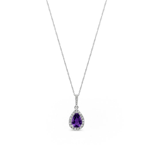 9ct White Gold Pear Shaped Natural Amethyst and Round Diamond Halo Pendant