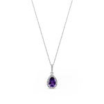 9ct White Gold Pear Natural Amethyst & Diamond Halo Pendant — 7x5mm