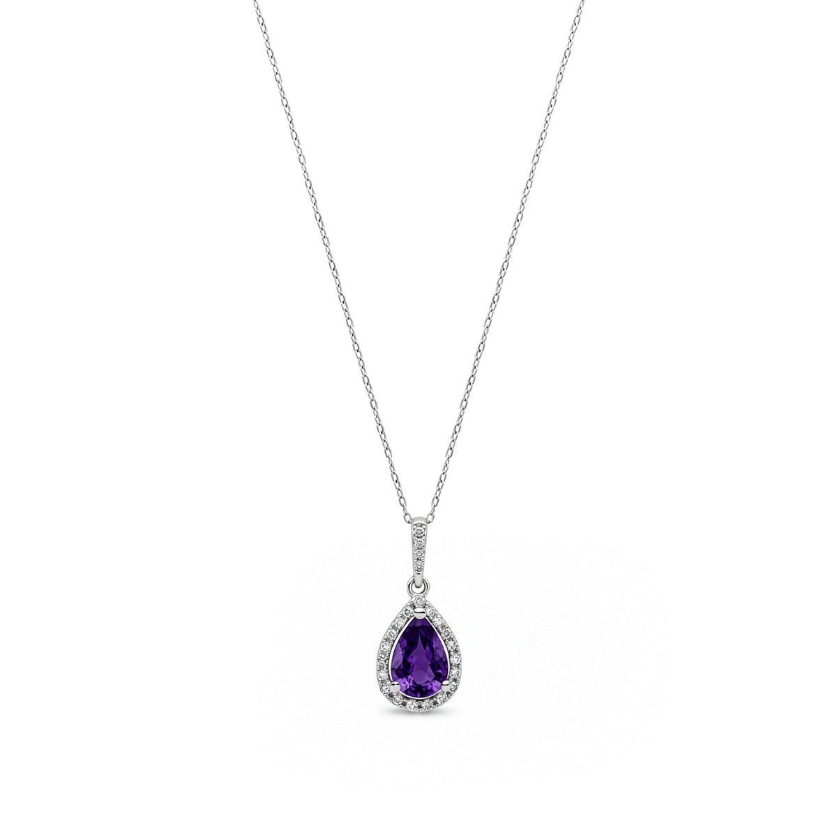 9ct White Gold Pear Natural Amethyst & Diamond Halo Pendant — 7x5mm