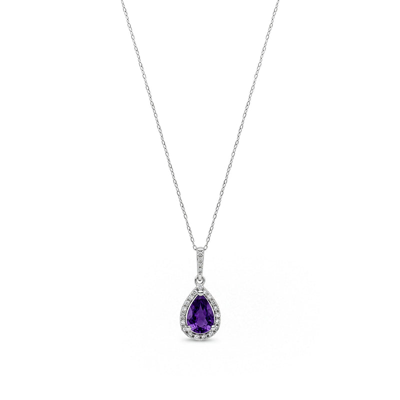 9ct White Gold Pear Natural Amethyst & Diamond Halo Pendant — 7x5mm