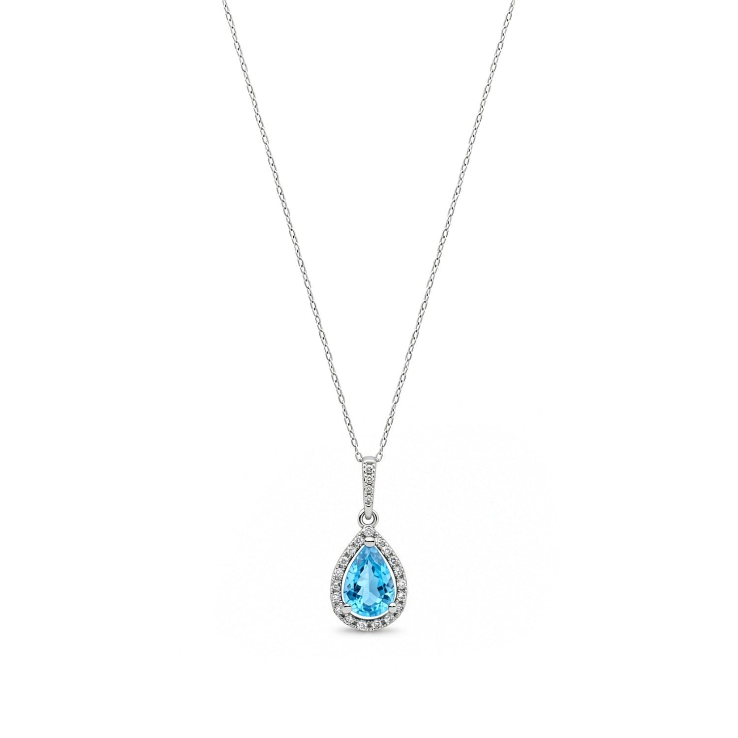 9ct White Gold Pear Shaped Natural Swiss Blue Topaz and Round Diamond Halo Pendant Necklace with Chain