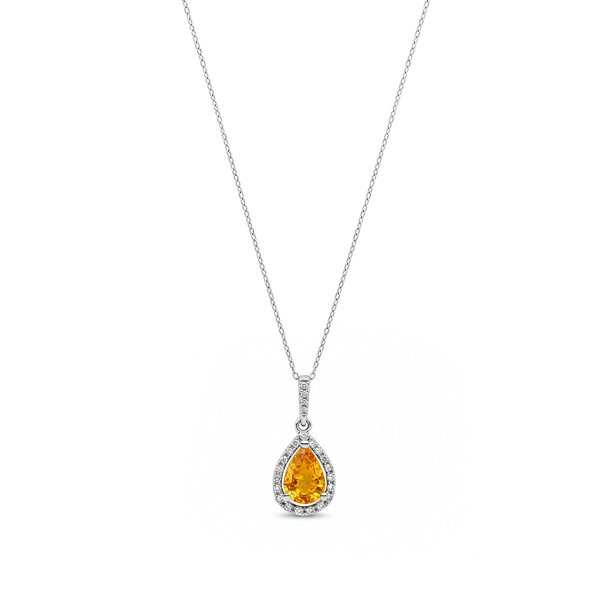 9ct White Gold Pear Shaped Natural Citrine and Round Diamond Halo Pendant Necklace with Chain