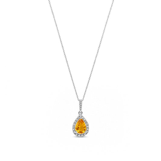 9ct White Gold Pear Shaped Natural Citrine and Round Diamond Halo Pendant Necklace with Chain