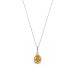 9ct White Gold Pear Natural Citrine & Diamond Halo Pendant — 7x5mm