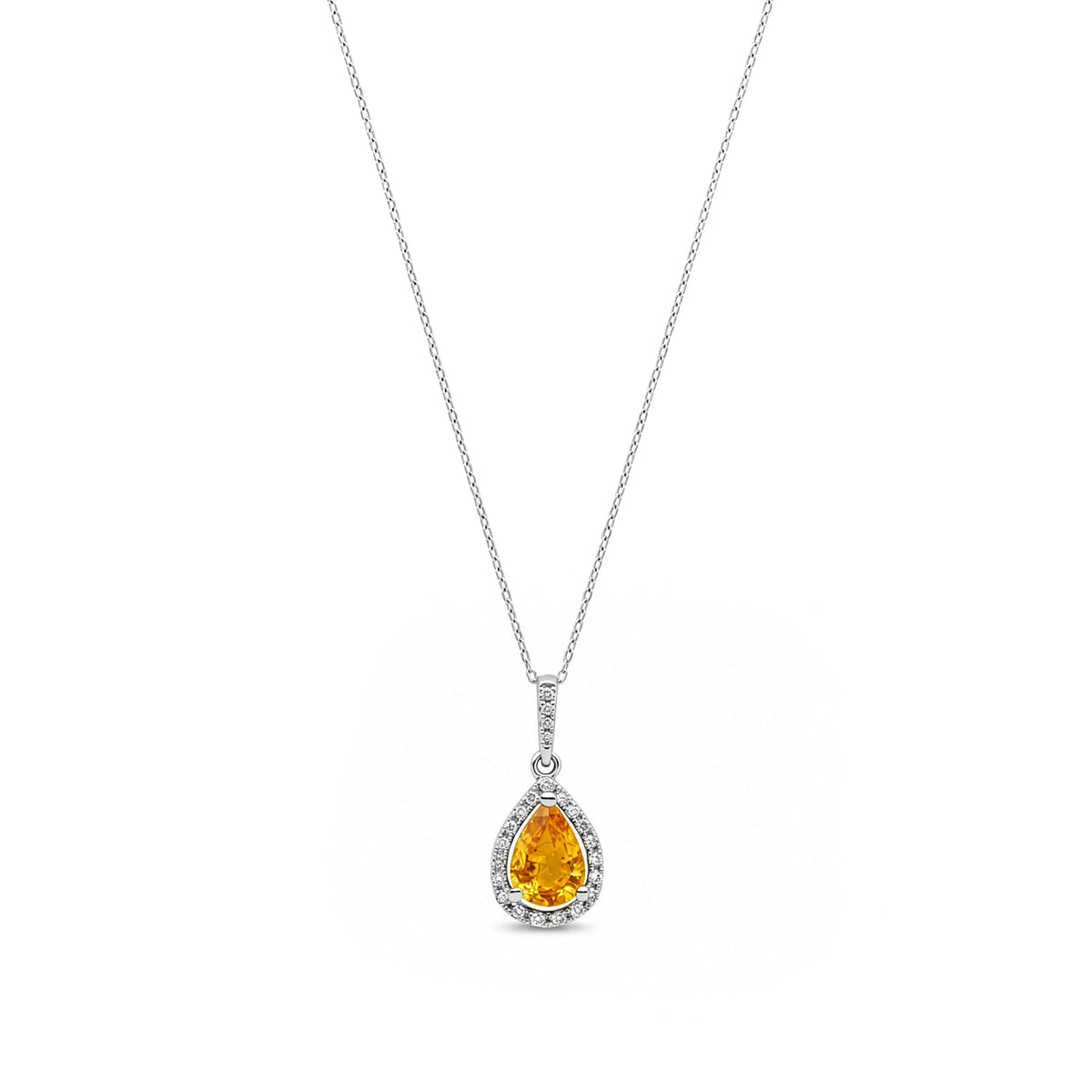 9ct White Gold Pear Natural Citrine & Diamond Halo Pendant — 7x5mm
