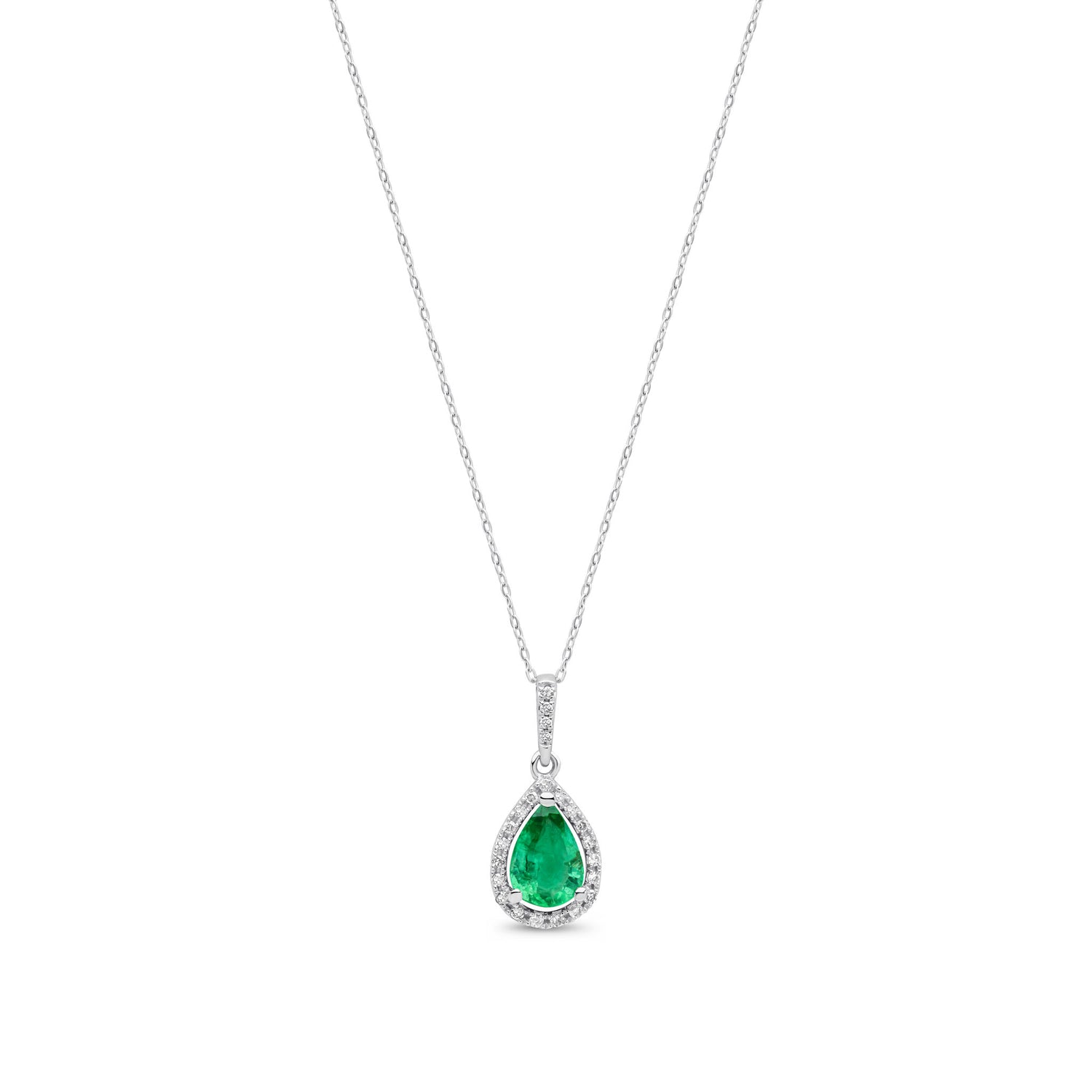 9ct White Gold Pear Shaped Natural Emerald and Round Diamond Halo Pendant