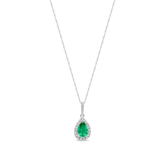 9ct White Gold Pear Shaped Natural Emerald and Round Diamond Halo Pendant — 7x5mm Pendant Necklace with Chain