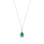 9ct White Gold Pear Natural Emerald & Diamond Halo Pendant — 7x5mm