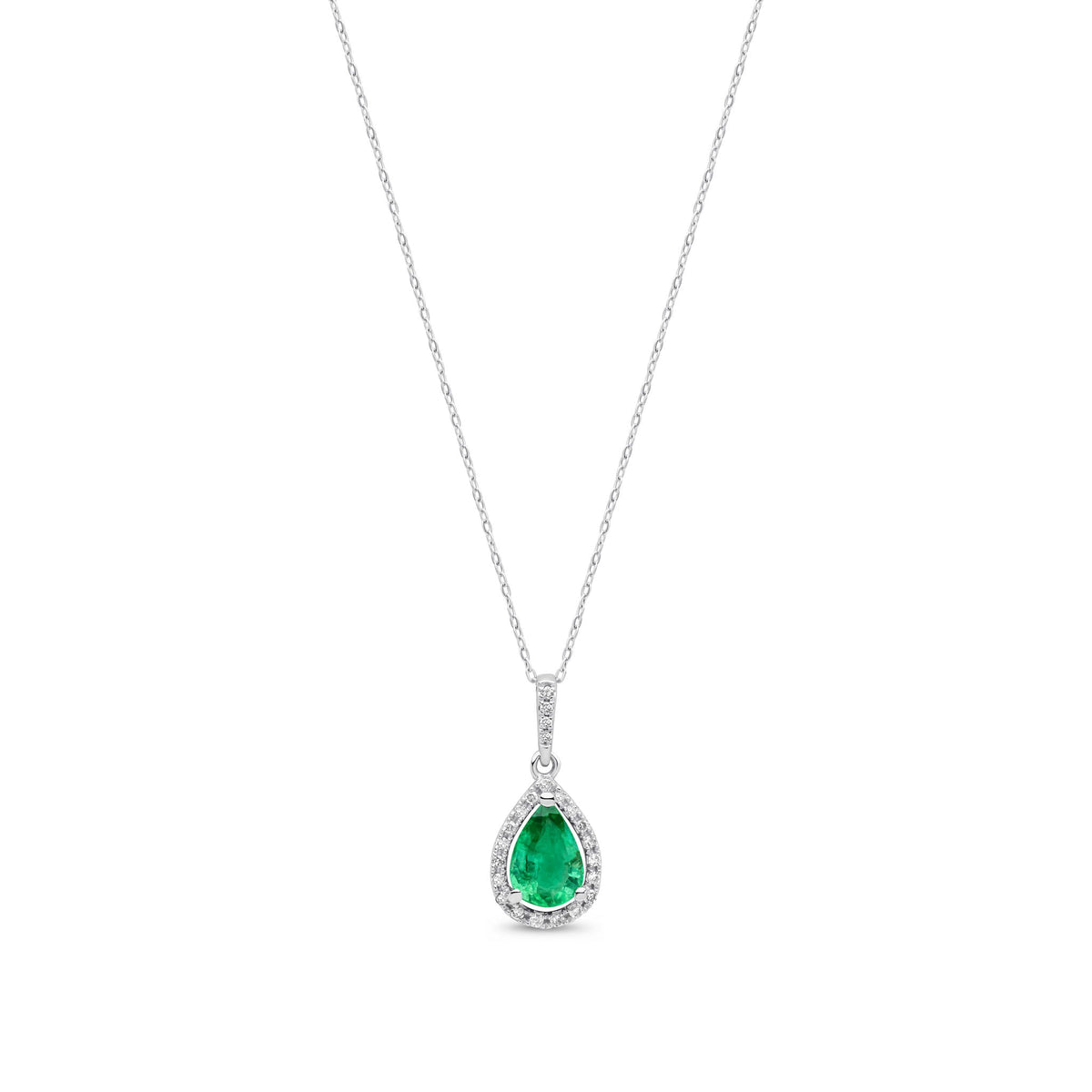9ct White Gold Pear Natural Emerald & Diamond Halo Pendant — 7x5mm