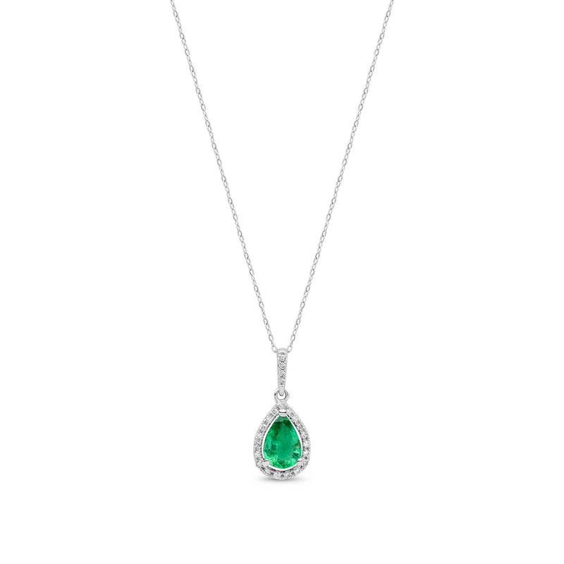 9ct White Gold Pear Natural Emerald & Diamond Halo Pendant — 7x5mm