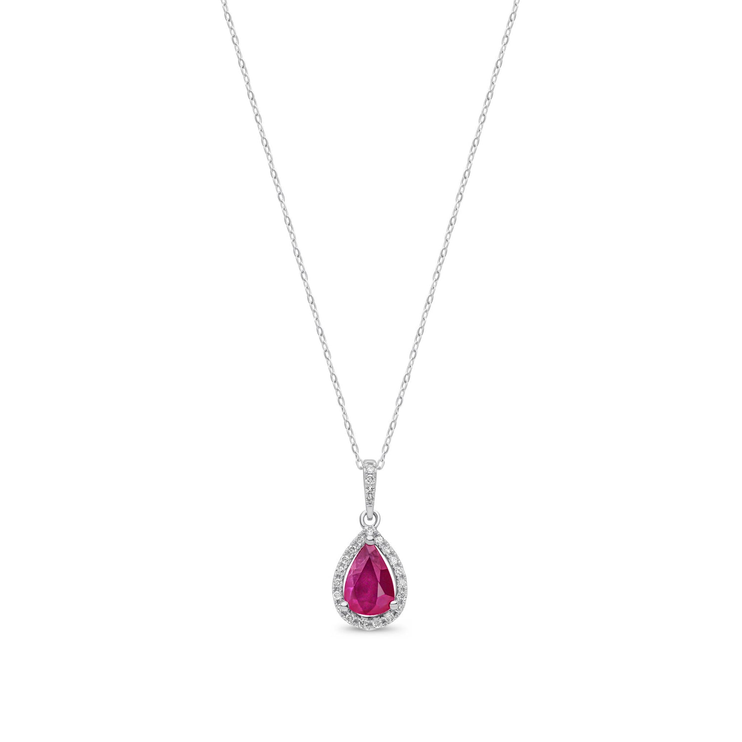 9ct White Gold Pear Shaped Natural Ruby and Round Diamond Halo Pendant