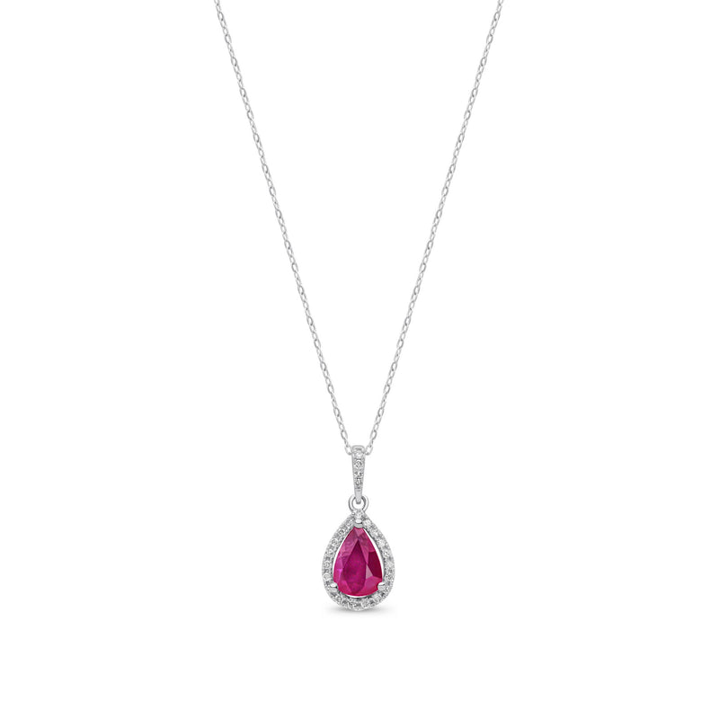 9ct White Gold Pear Natural Ruby & Diamond Halo Pendant — 7x5mm