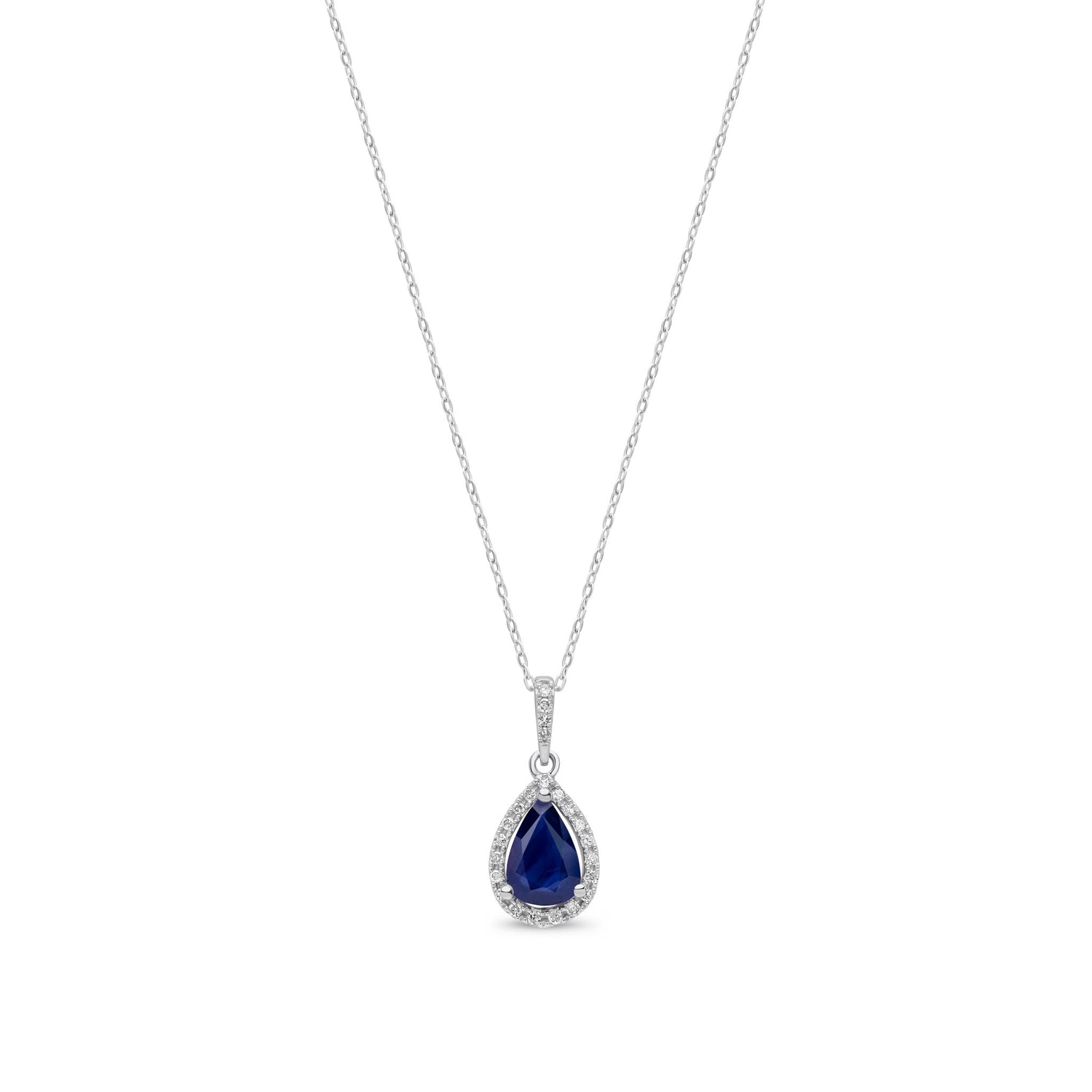 9ct White Gold Pear Shaped Natural Sapphire and Round Diamond Halo Pendant
