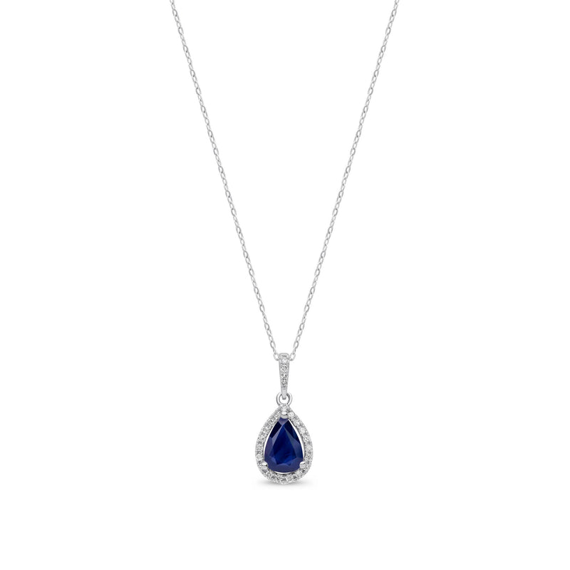 9ct White Gold Pear Natural Sapphire & Diamond Halo Pendant — 7x5mm