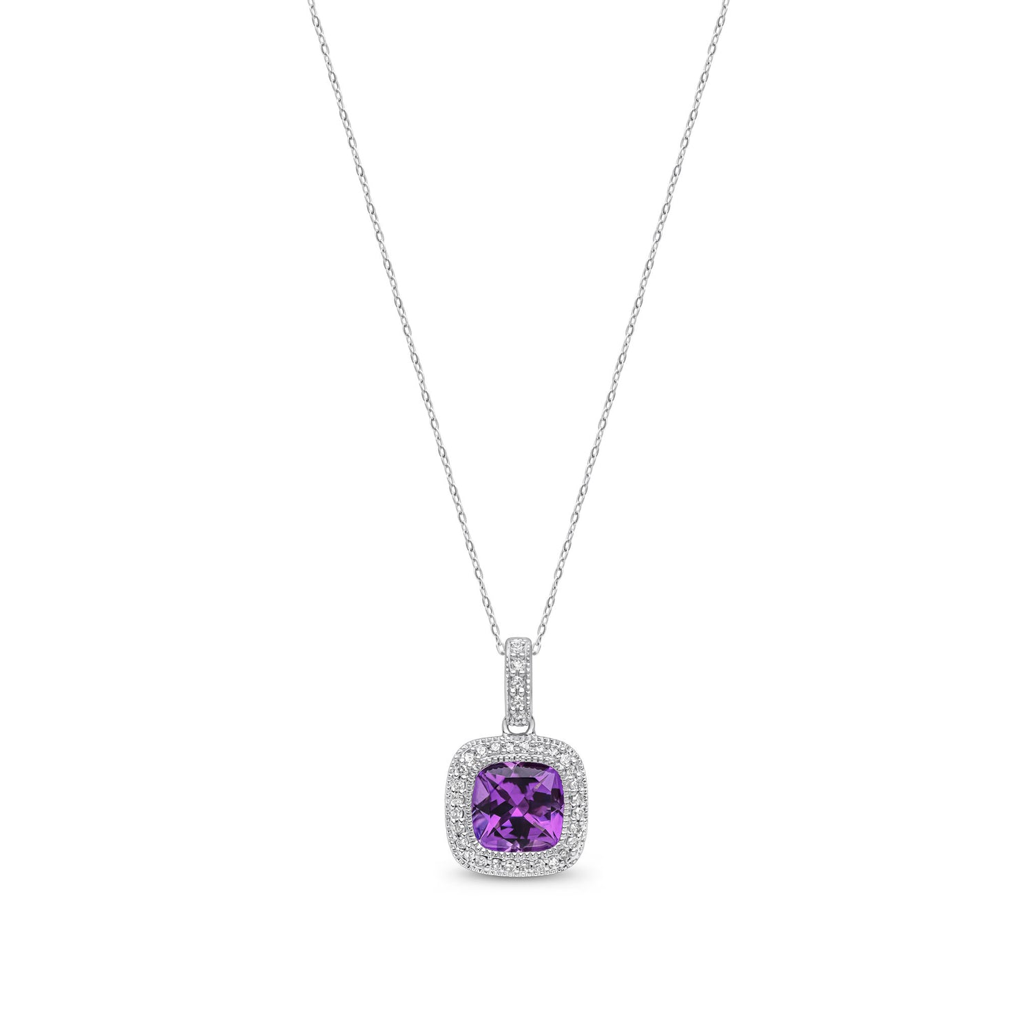 9ct White Gold Cushion Natural Amethyst and Round Diamond Rubover Cluster Pendant