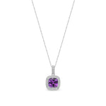 9ct White Gold Cushion Natural Amethyst & Diamond Millgrain Halo Pendant — 7mm