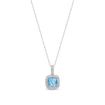 9ct White Gold Cushion Natural Swiss Blue Topaz & Diamond Millgrain Halo Pendant — 7mm