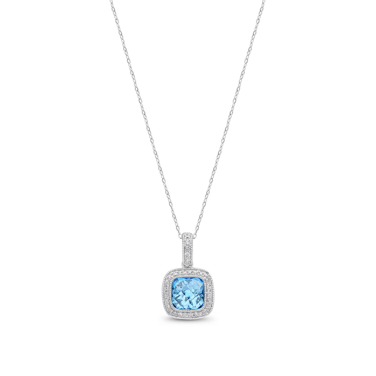 9ct White Gold Cushion Natural Swiss Blue Topaz & Diamond Millgrain Halo Pendant — 7mm