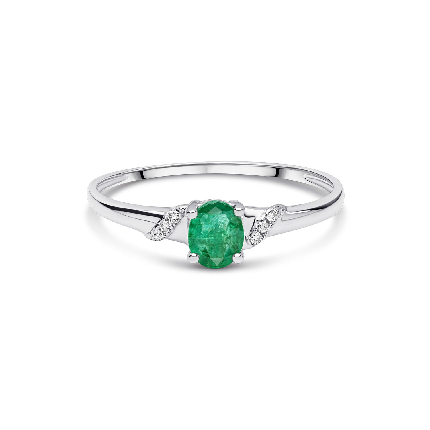 9ct White Gold Oval Natural Emerald and Diamond Accent Ring — 5x4mm