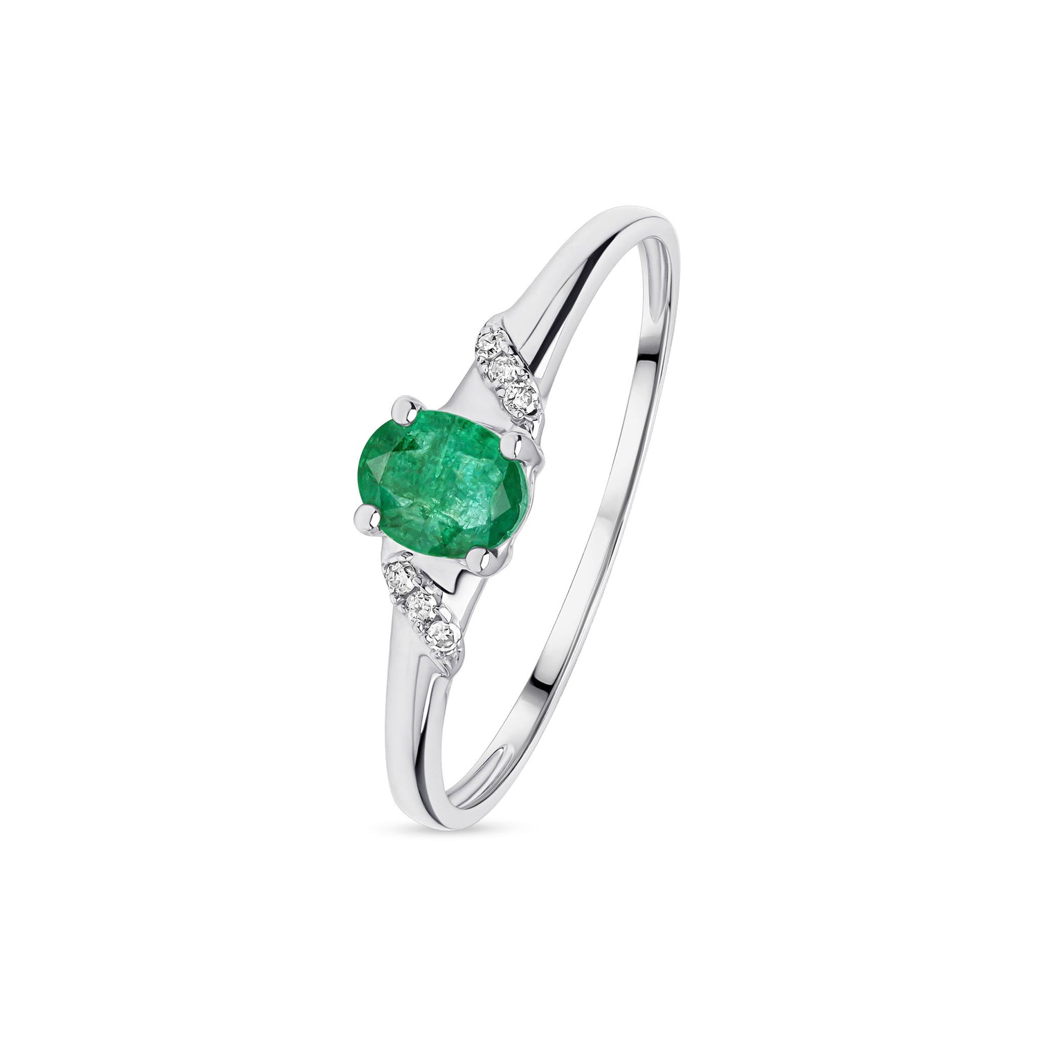 9ct White Gold Oval Natural Emerald and Diamond Accent Ring — 5x4mm