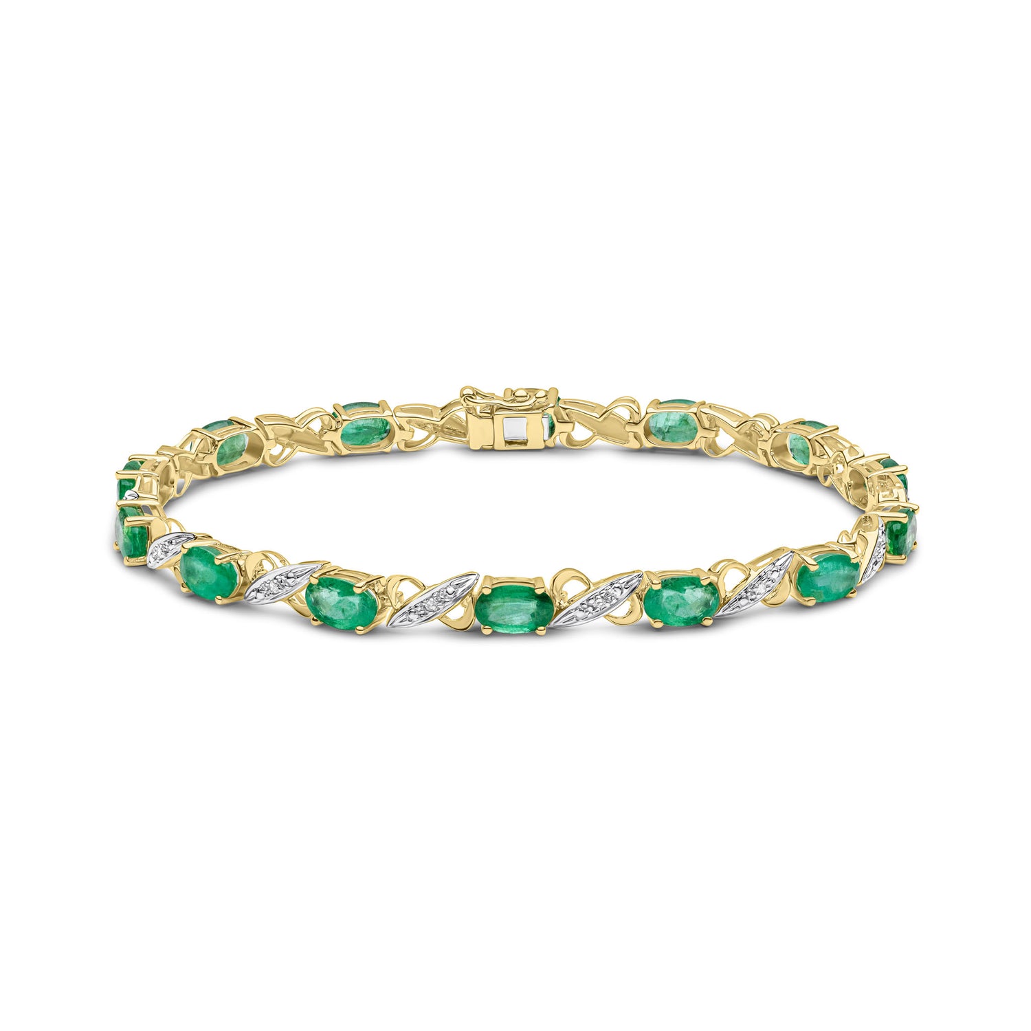 9ct Yellow Gold Oval Natural Emerald and Diamond Link Bracelet