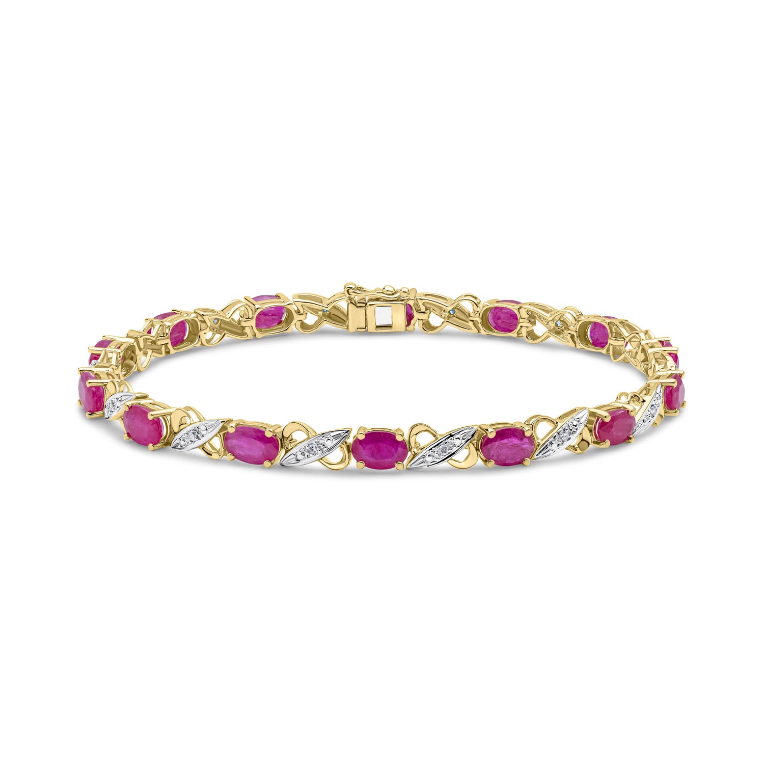 9ct Yellow Gold Oval Natural Ruby and Diamond Link Bracelet