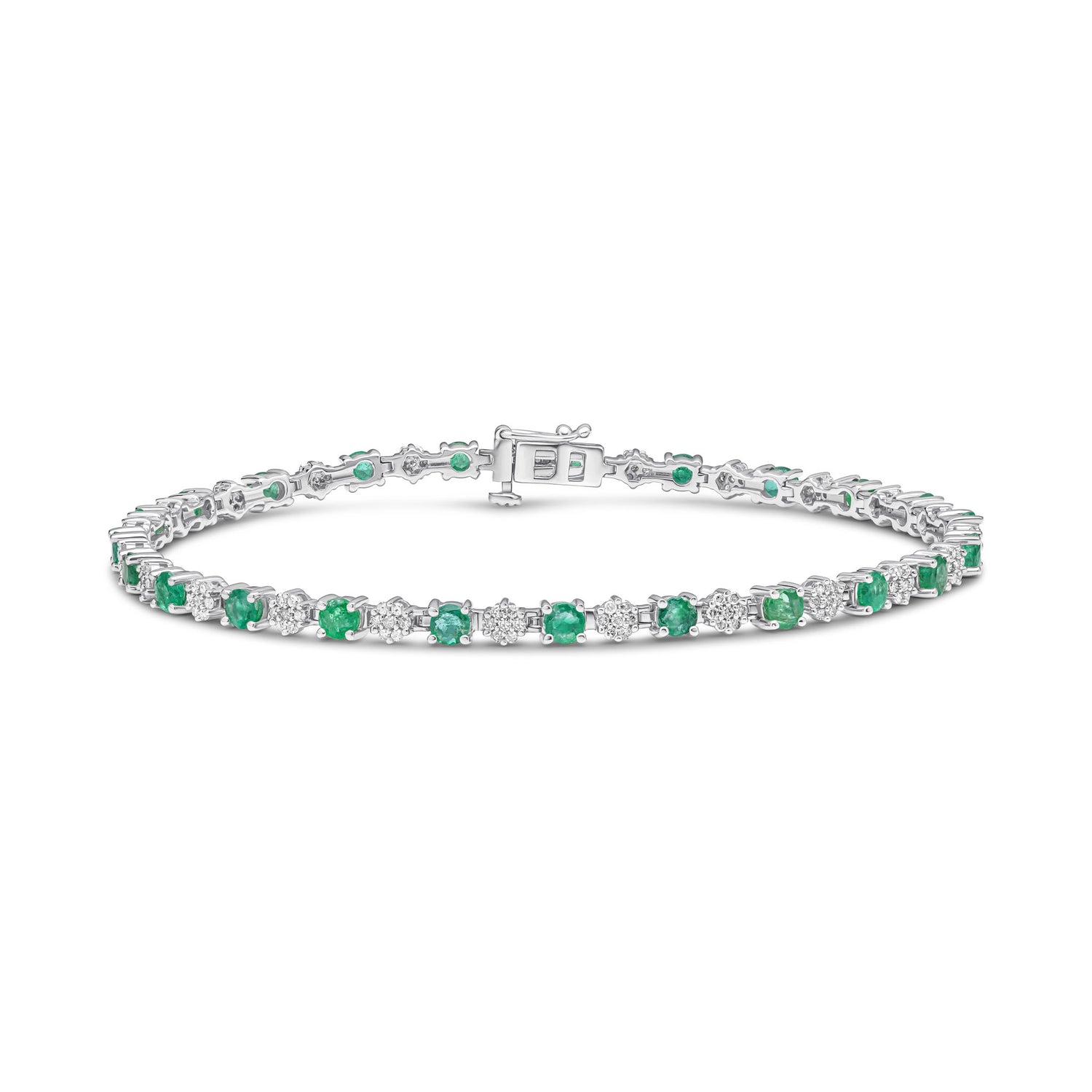 9ct White Gold Round Natural Emerald and Diamond Tennis Bracelet
