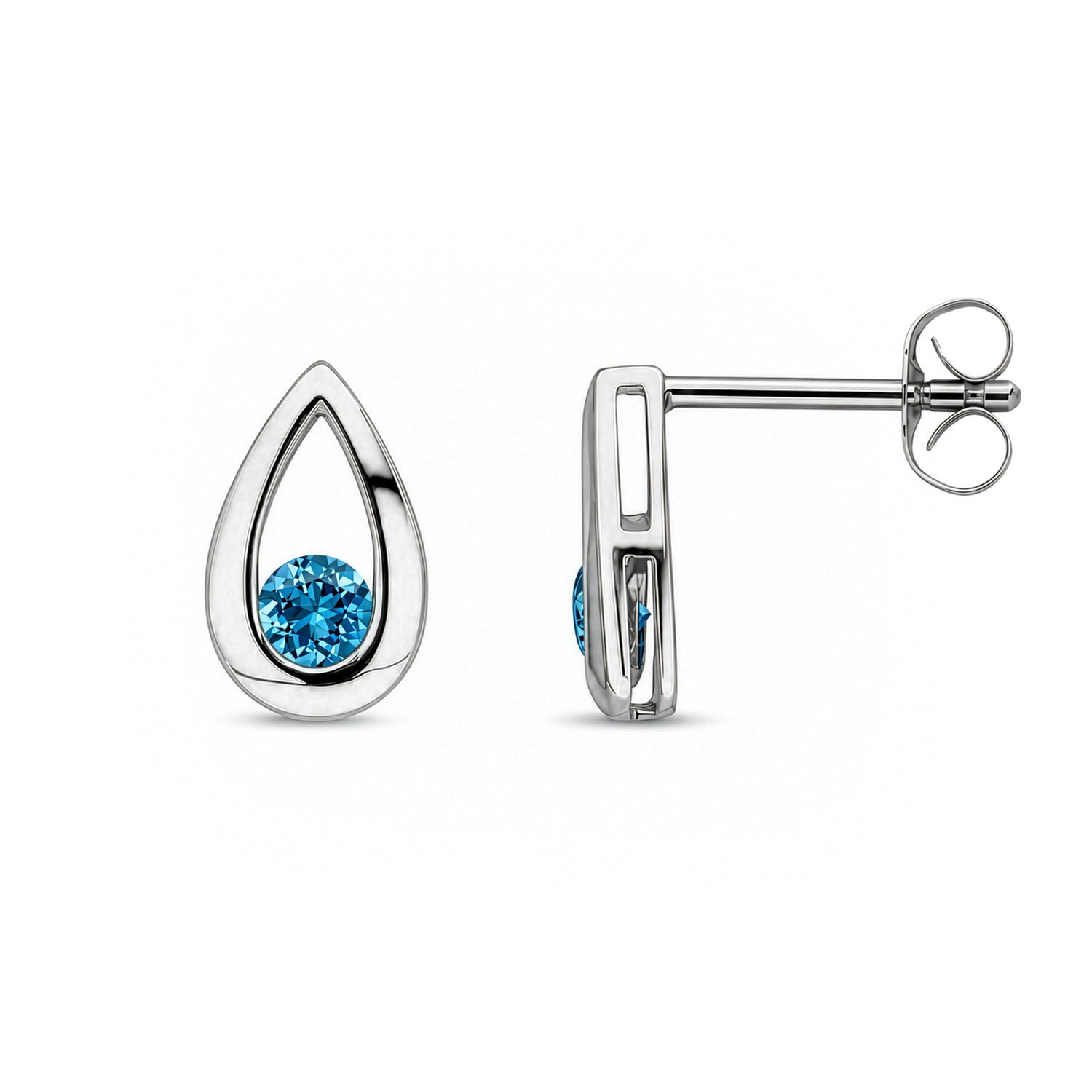 9ct White Gold Round Natural Swiss Blue Topaz Teardrop Stud Earrings