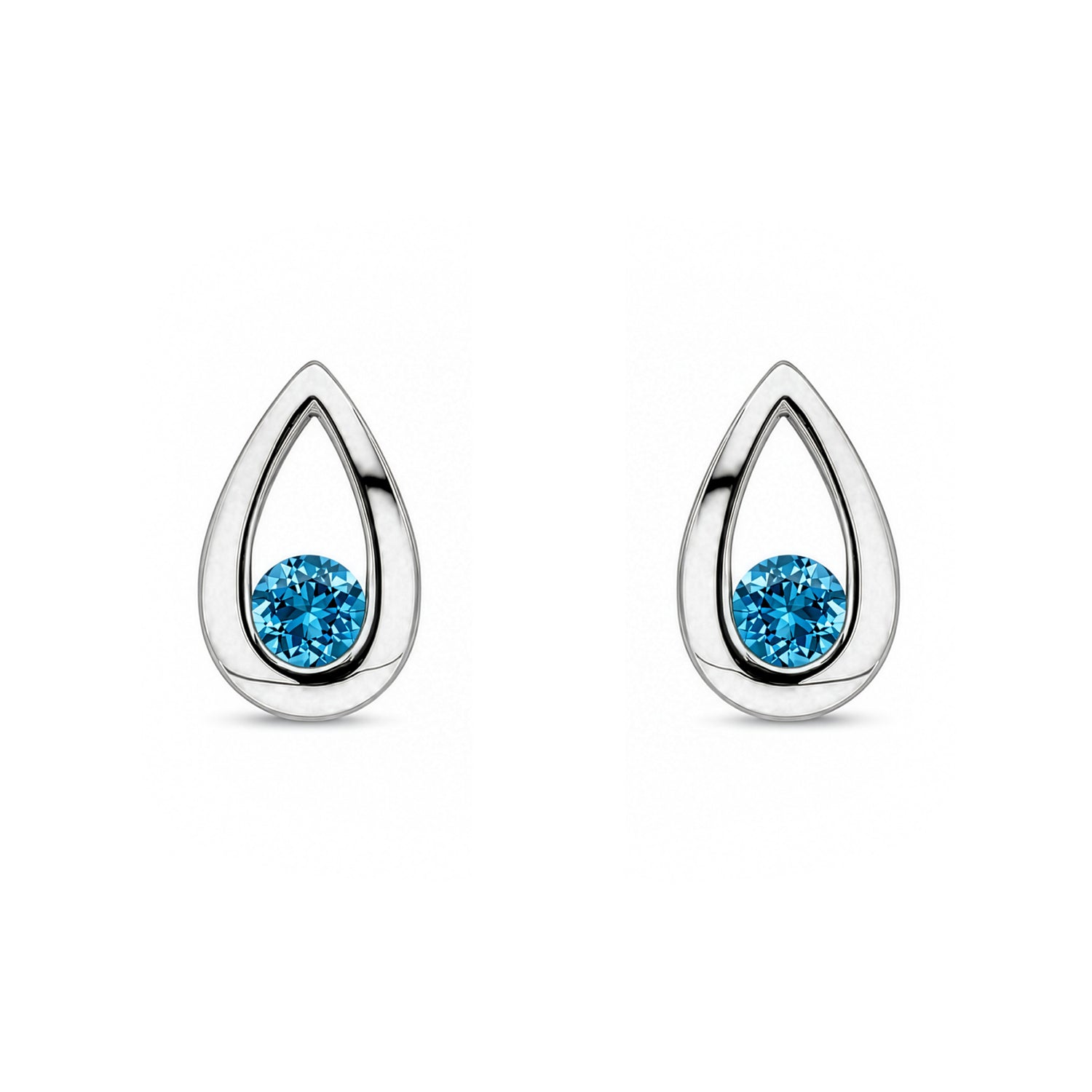 9ct White Gold Round Natural Swiss Blue Topaz Teardrop Stud Earrings