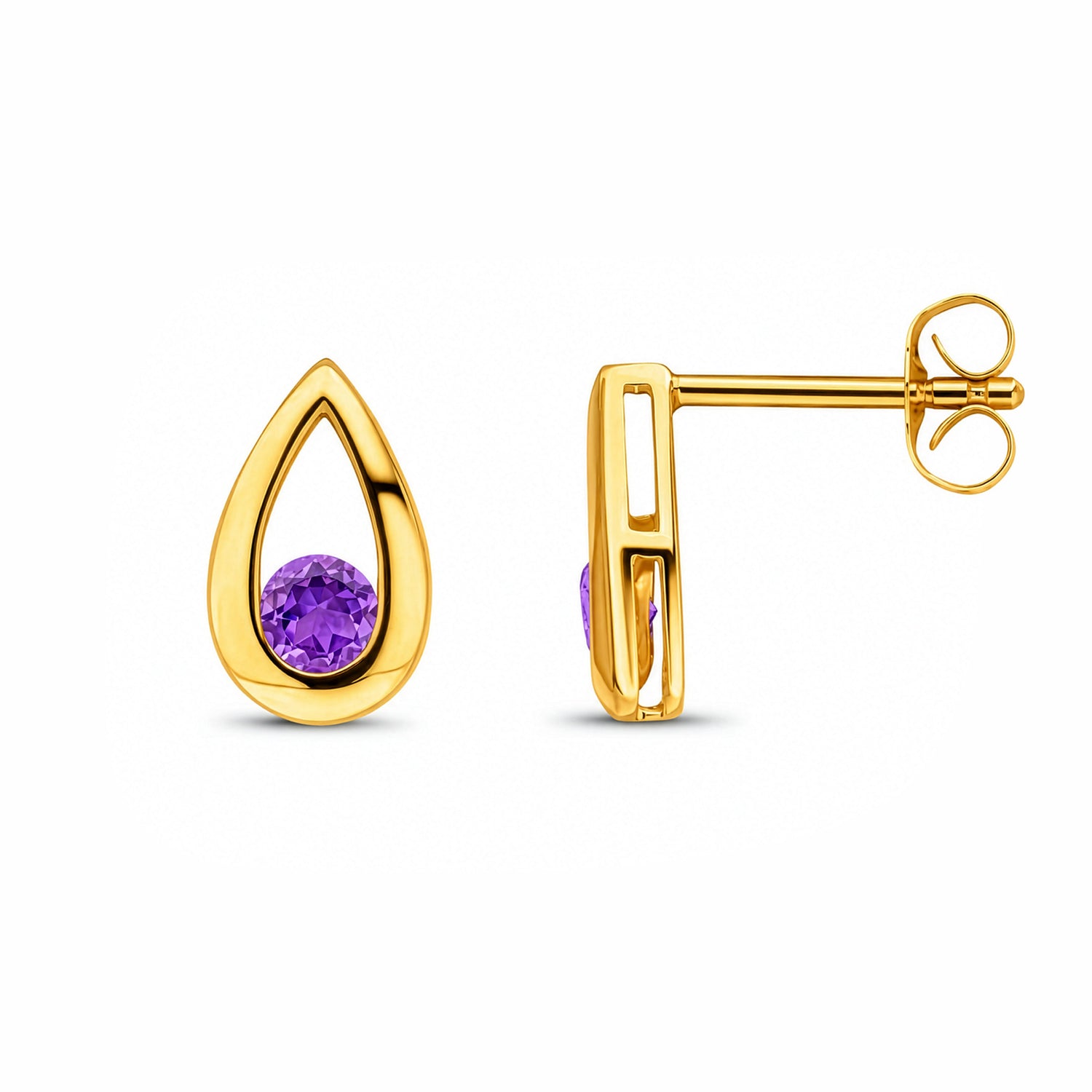 9ct Yellow Gold Round Natural Amethyst Teardrop Stud Earrings