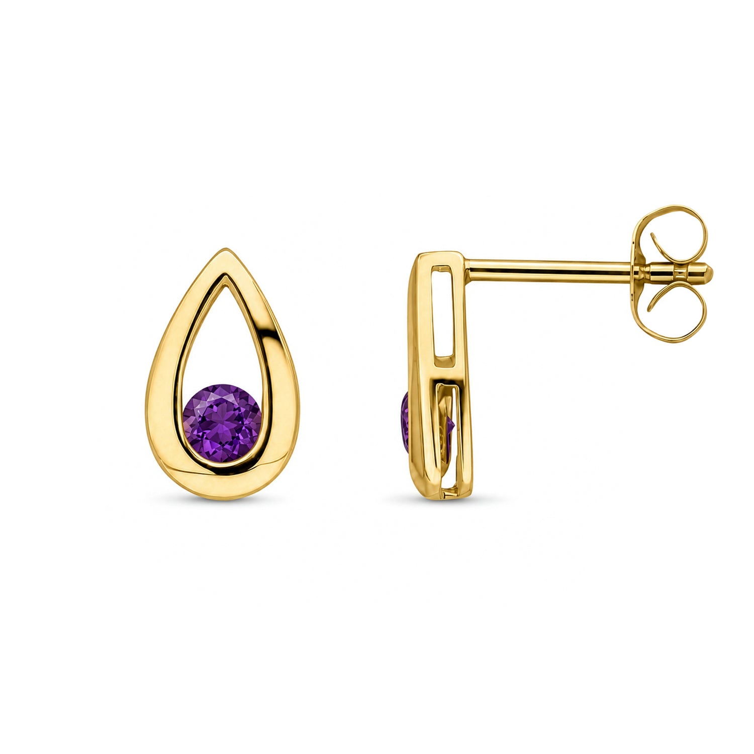9ct Yellow Gold Round Natural Amethyst Teardrop Stud Earrings