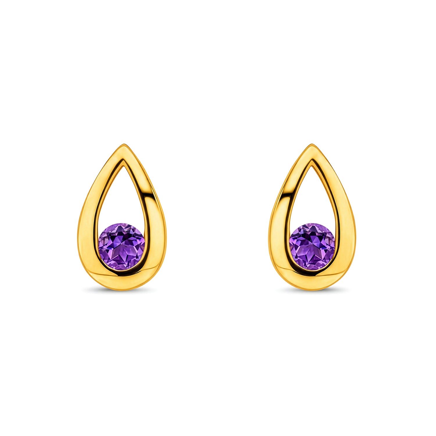9ct Yellow Gold Round Natural Amethyst Teardrop Stud Earrings